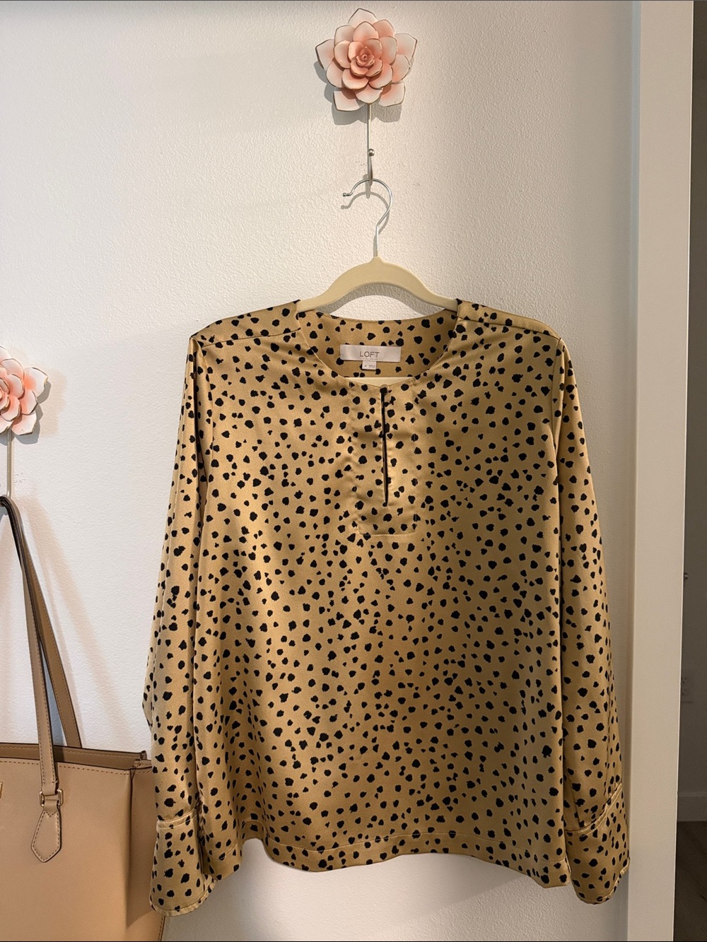 LOFT Gold Satin Black Spot Print Blouse